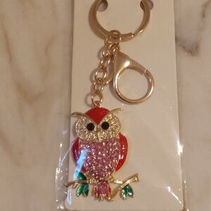 NIP Rhinestone Owl Bag Charm, Pretty Brand Pink And Red Key Chain